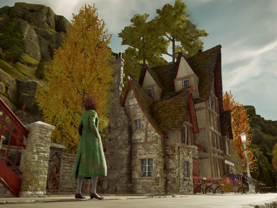 Hogsmeade Station with autumn leaves and red stairs