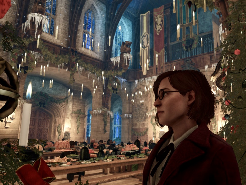 Character in a red coat with Christmas decorations in Hogwarts Legacy