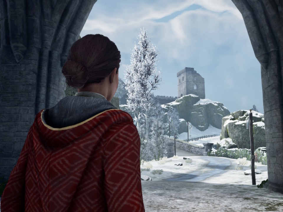 My character wearing a Gryffindor robe in a snowy landscape outside Hogwarts