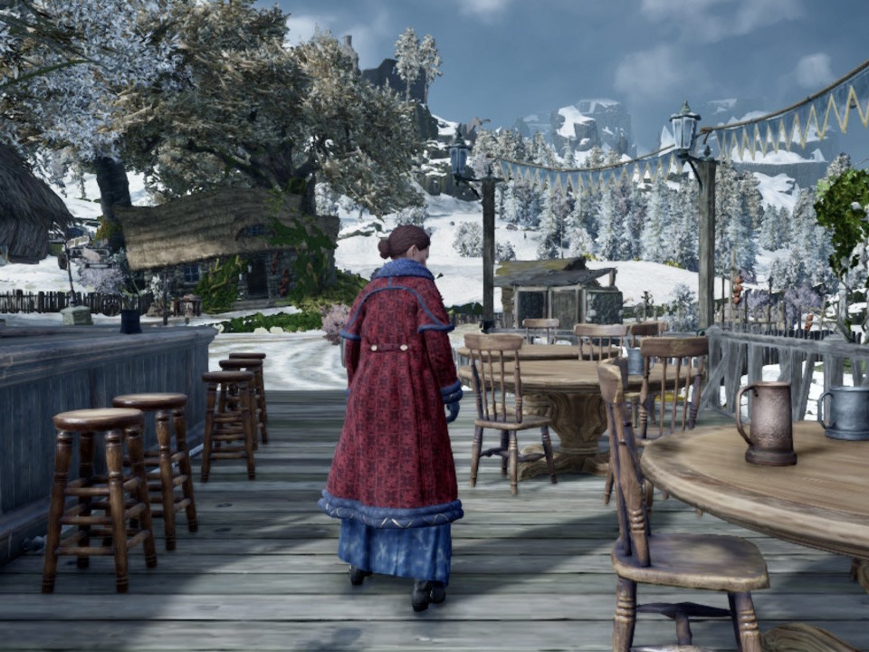 Character wearing a red winter coat with blue accents in Hogwarts Legacy