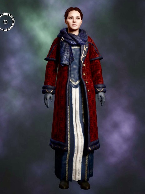 Close-up of a character in a red winter coat, blue scarf, and gloves