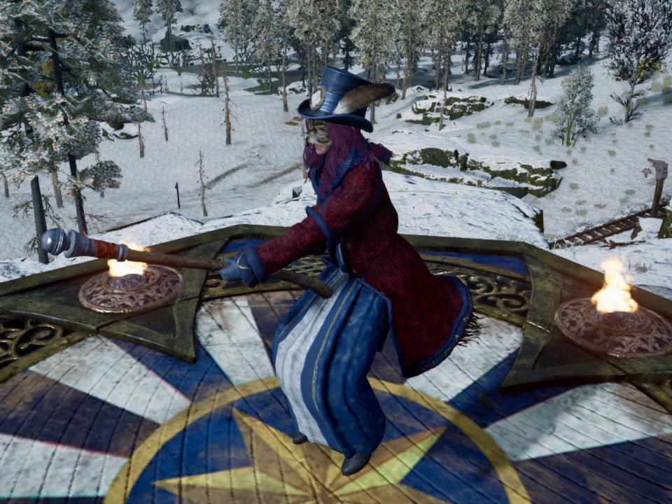 Emily, a dark purple-haired witch wearing a leather top hat with feather decorations, a red coat, and a blue dress.