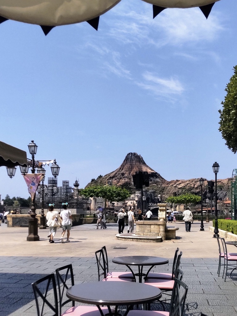 A view of Mount Prometheus from a restaurant inside Tokyo DisneySea