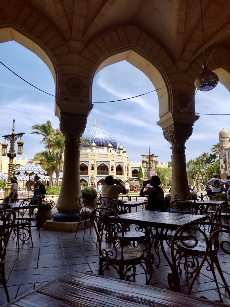 A view of the two-story Caravan Carousel from a terrace seat at Casbah Food Court