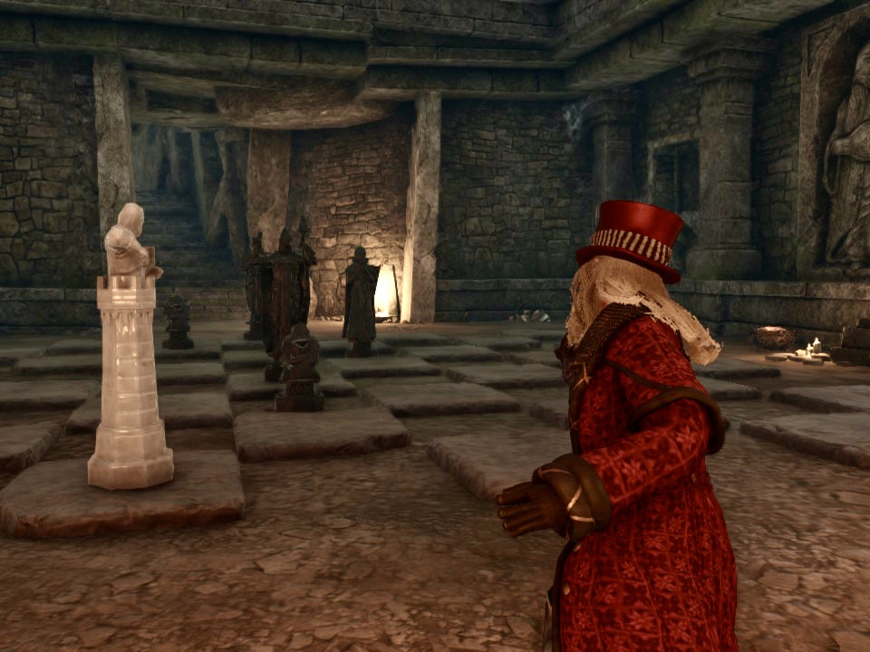 The character, wearing a red winter coat and a red top hat, is playing chess with stone statues