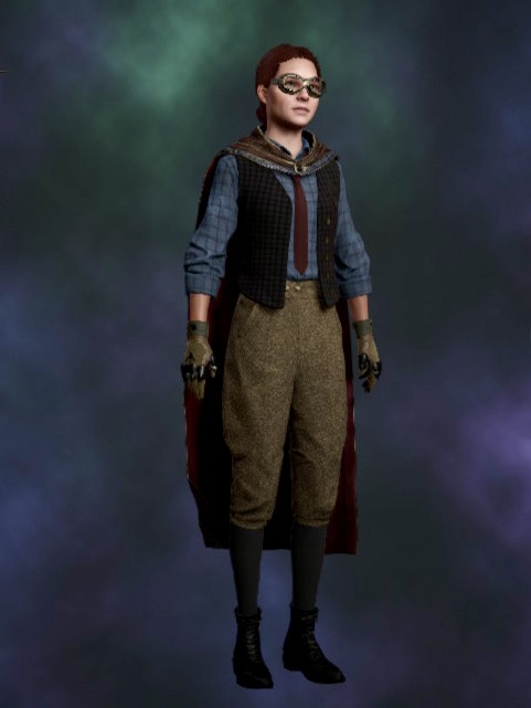 The player character wearing boyish-style clothing with a blue shirt and brown pants