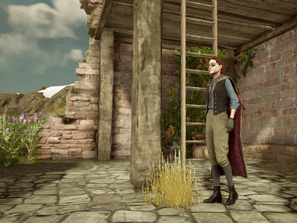 The player character wearing boyish-style clothing with a blue shirt and brown pants, standing among ruins.