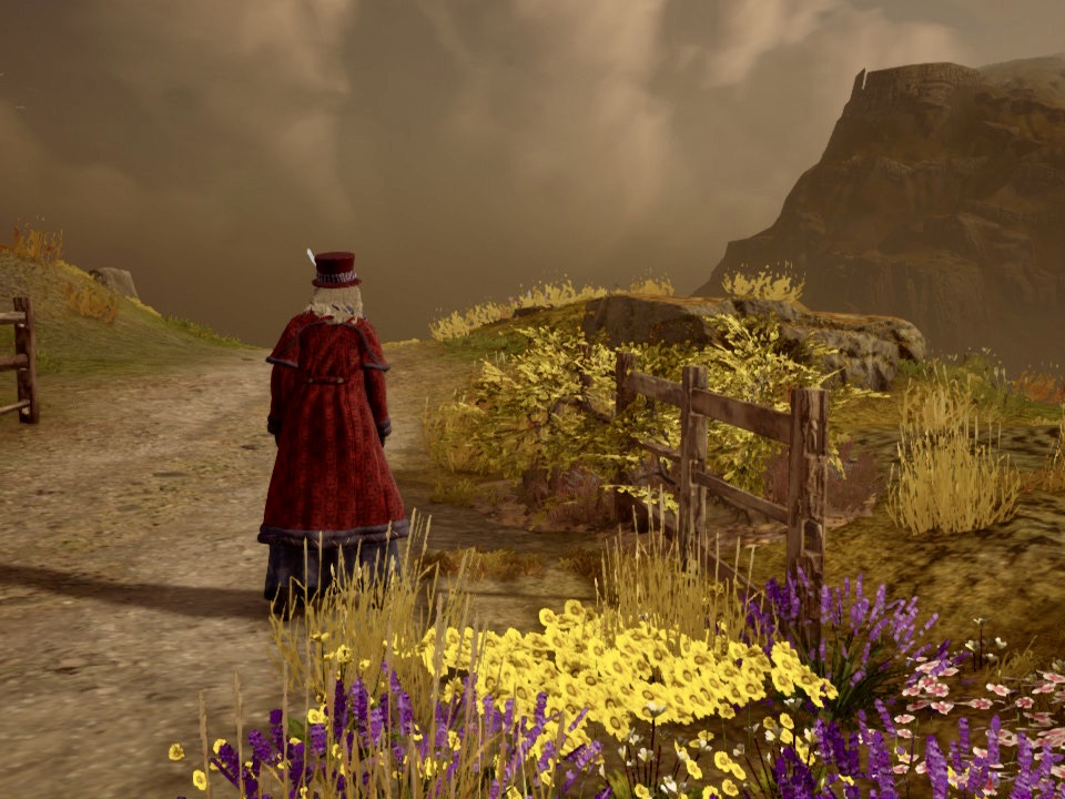 The player character seen from behind, wearing a red winter coat and a red top hat, standing on a flower-lined road.