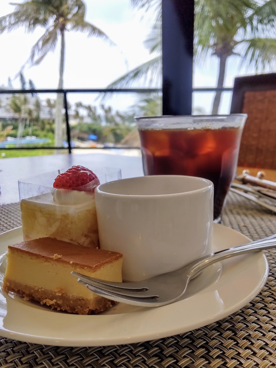 Various cakes at a restaurant in Hotel Moon Beach