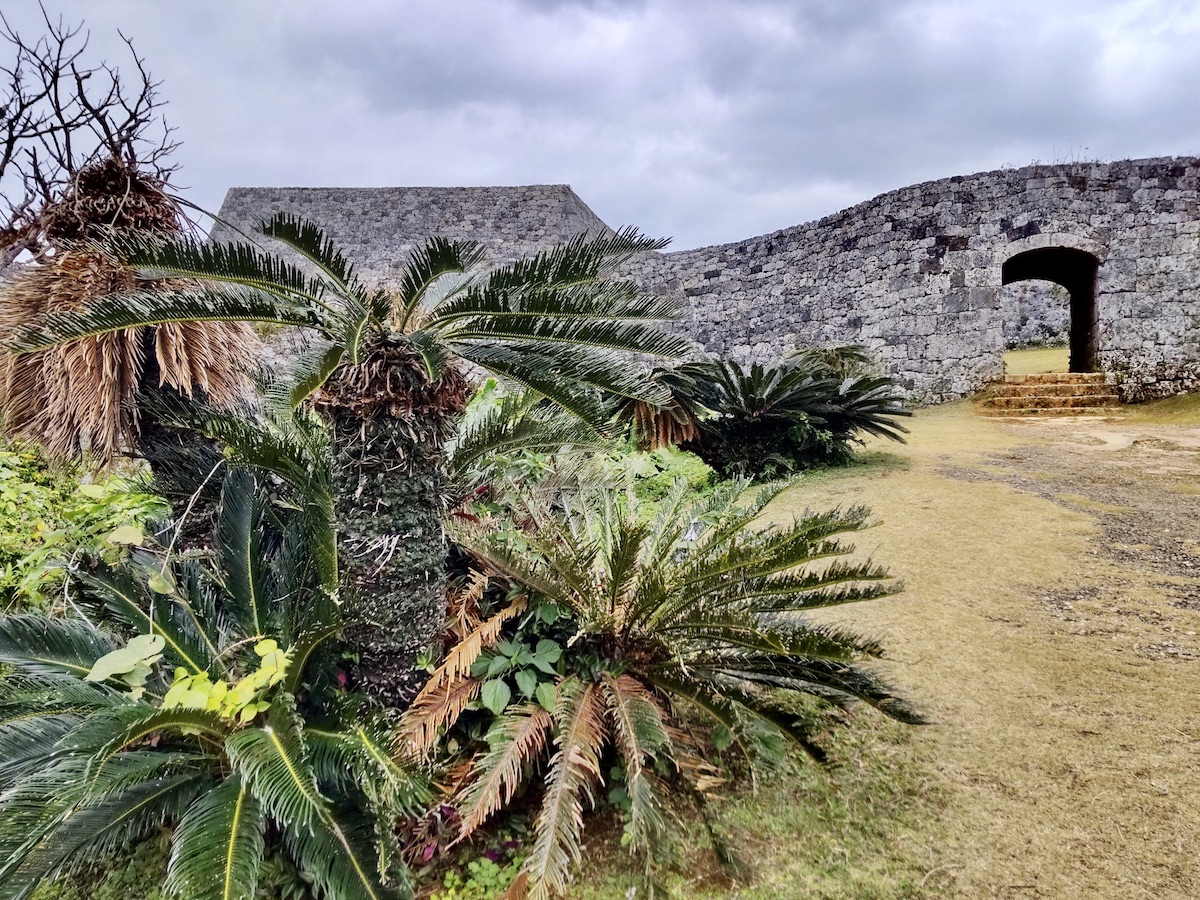 Stone wall made of Ryukyu limestone and lush tropical plants