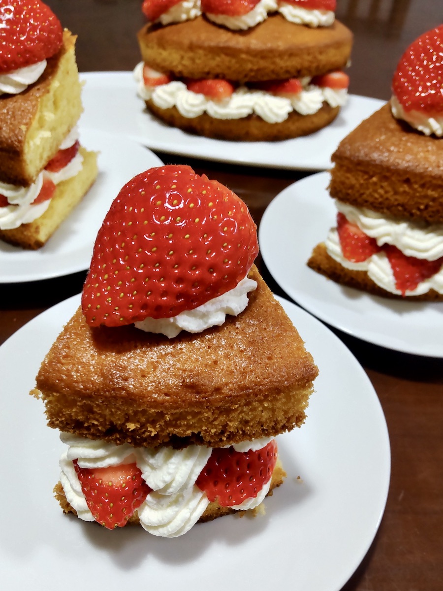 Homemade round pound cake, topped with whipped fresh cream and fresh strawberries